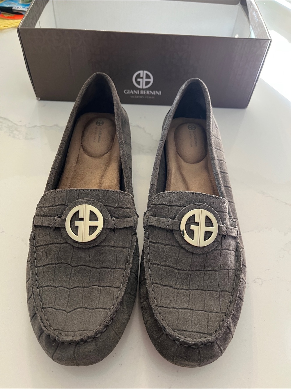 Giani Bernini Gray Suede Croc-Embossed Slip-On Loafers with Gold Logo